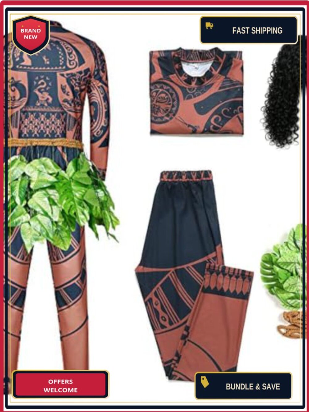 Unisex Adult Cosplay Costume Set Polyester Top Pants Leaves Rope Halloween